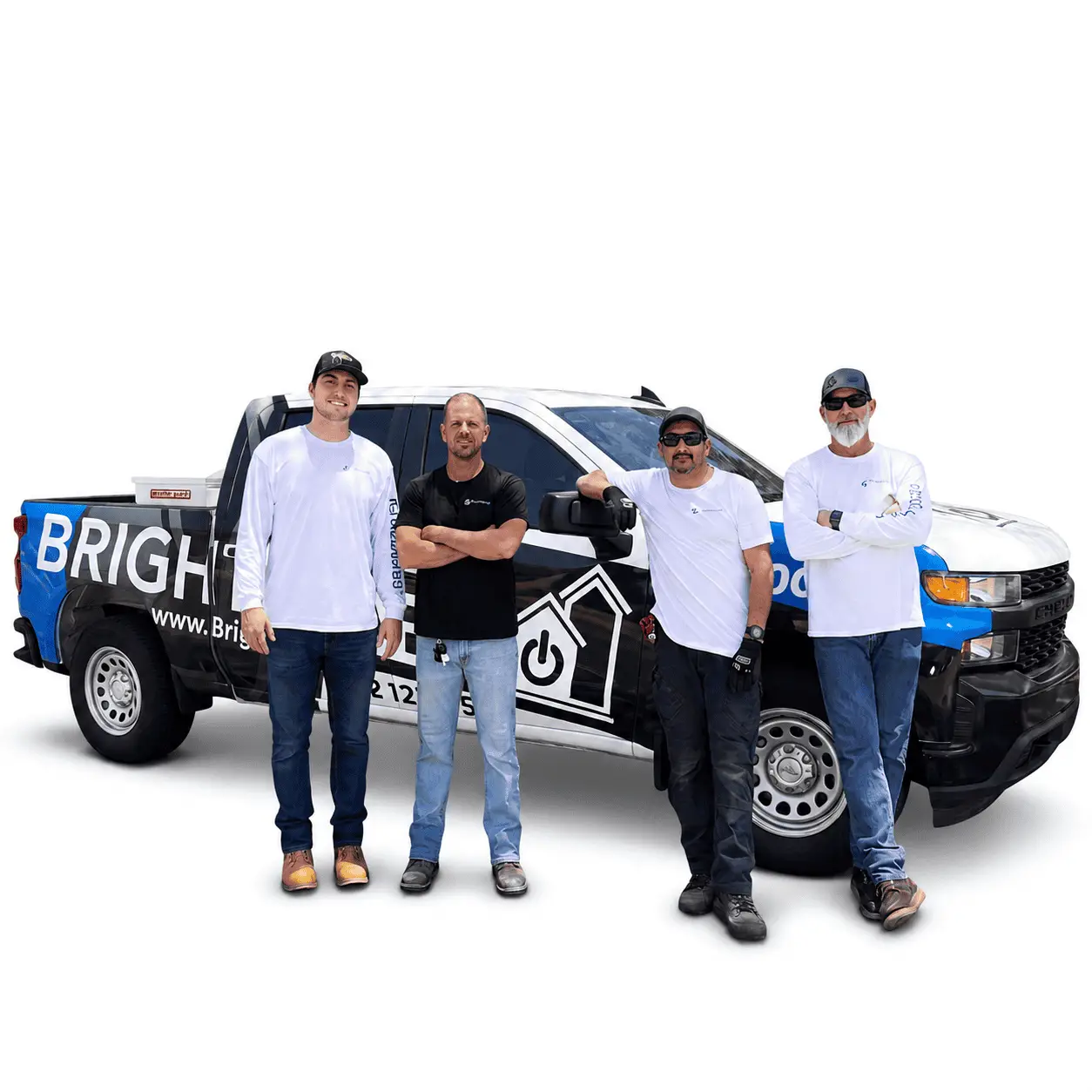 Team of four professionals standing in front of Bright One EV service vehicle.